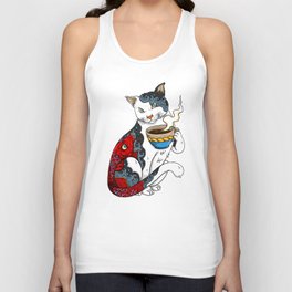 Cat Drinking Coffee With Fish Tattoo - Cat & Coffee Lovers gift idea Unisex Tank Top