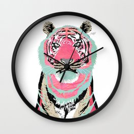 Pink Tiger Wall Clock | Lion, Curated, Pinkandblue, Abstract, Pretty, Digitalcollage, Animal, Pink, Tiger, Tigerstripes 