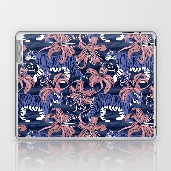Tigers in a tiger lily garden // textured navy blue background very peri wild animals carissma pink flowers Laptop & iPad Skin