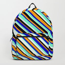 [ Thumbnail: Vibrant Mint Cream, Black, Orange, Blue & Aquamarine Colored Lined/Striped Pattern Backpack ]