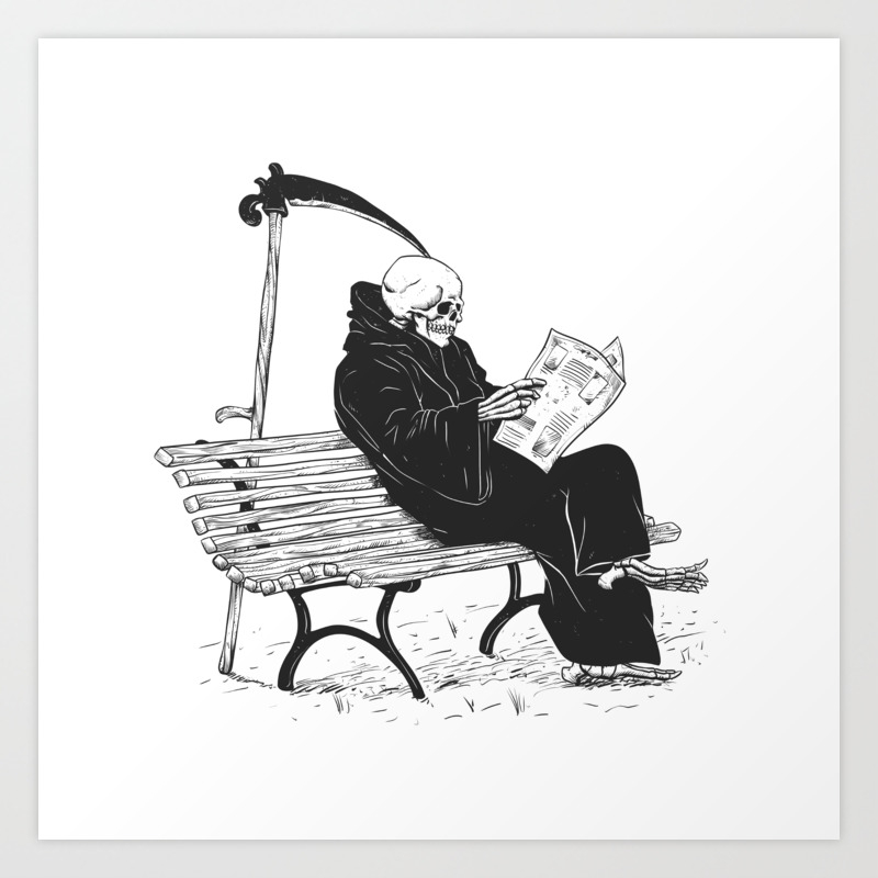 Grim Reaper Reading Newspaper Cartoon Skeleton Dark Skull Art Print By Marios Society6 Download this cute cartoon grim reaper with scythe isolated on white vector illustration now. grim reaper reading newspaper cartoon skeleton dark skull art print by marios