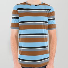 [ Thumbnail: Colorful Slate Gray, Brown, Light Sky Blue, Black & Mint Cream Colored Striped Pattern All Over Graphic Tee ]
