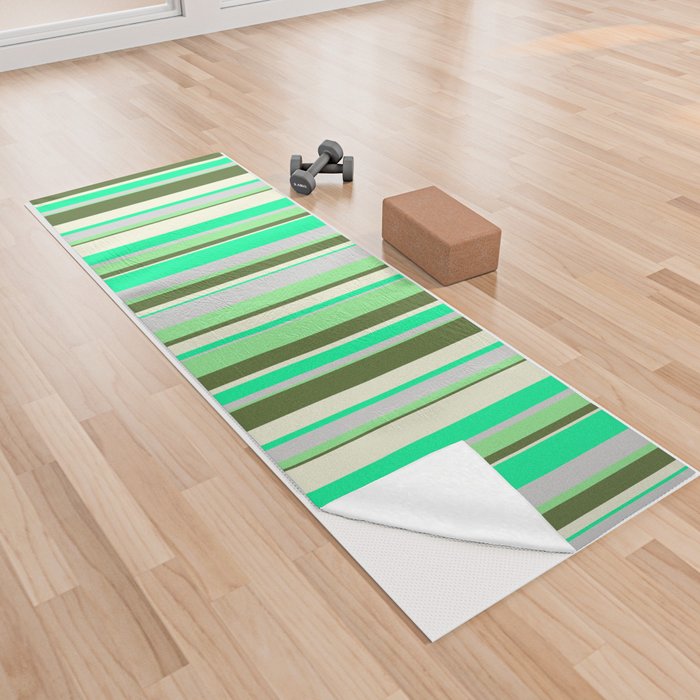 Vibrant Green, Light Grey, Light Green, Dark Olive Green, and Beige Colored Stripes/Lines Pattern Yoga Towel