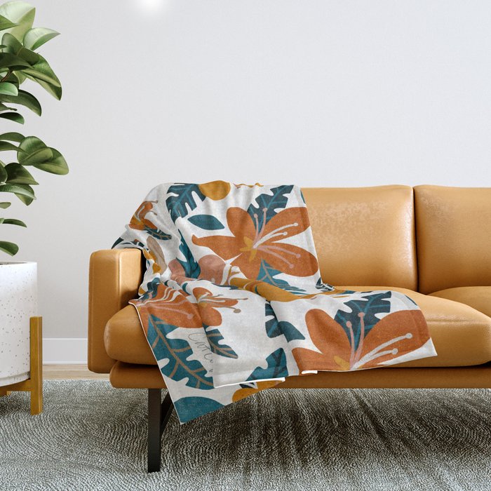 Tropical Holiday Florals Ochre Teal Throw Blanket by Cat