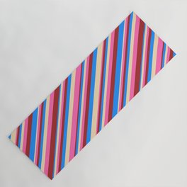 [ Thumbnail: Tan, Hot Pink, Brown & Blue Colored Striped Pattern Yoga Mat ]