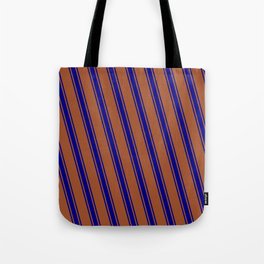[ Thumbnail: Sienna and Blue Colored Lines/Stripes Pattern Tote Bag ]