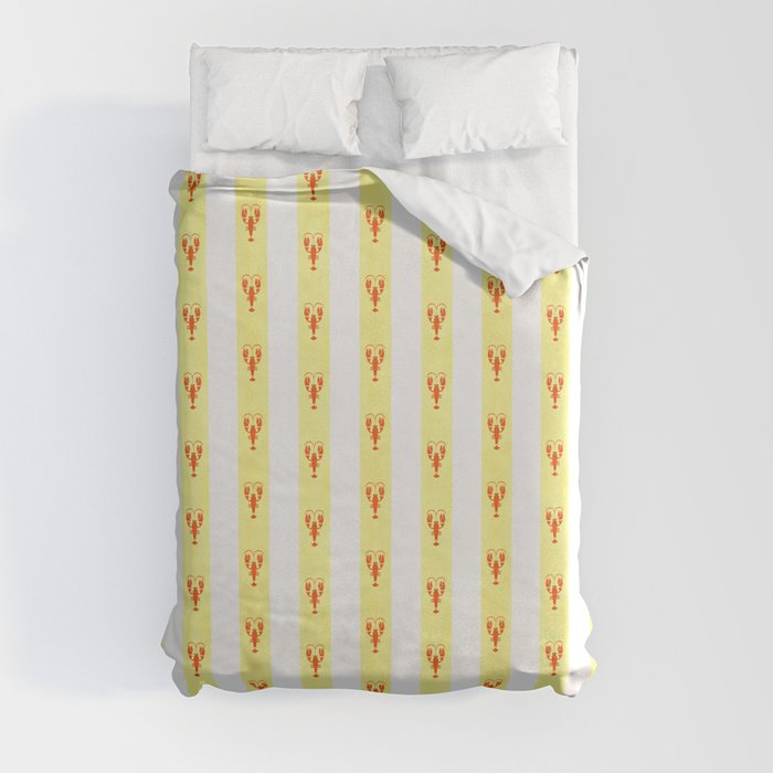 Red Lobsters On Hand-Painted Sunny Yellow Stripes Duvet Cover