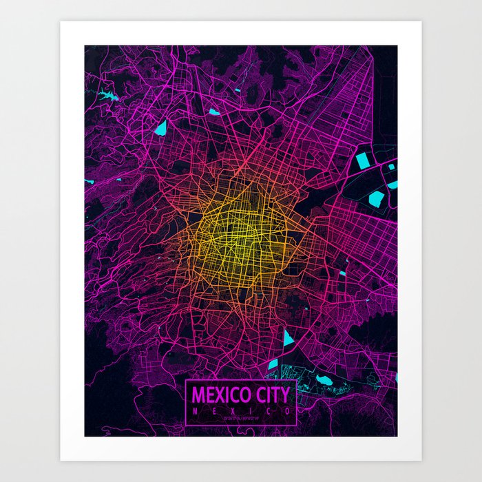 Mexico City Map - Neon Art Print
