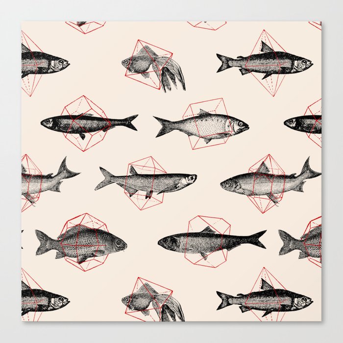 Fishes In Geometrics (Red) Canvas Print