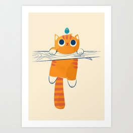 Fat cat, little bird Art Print