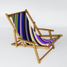 [ Thumbnail: Colorful Black, Beige, Purple, Green, and Blue Colored Pattern of Stripes Sling Chair ]