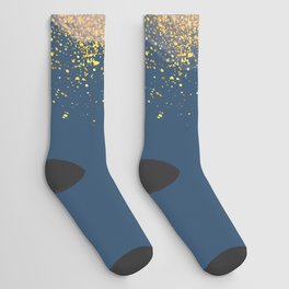 Hand-Drawn Butterfly and Gold Circle Frame on Pastel Dark Blue Socks
