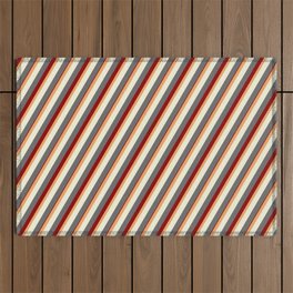 [ Thumbnail: Brown, Beige, Dim Gray, and Dark Red Colored Lined Pattern Outdoor Rug ]