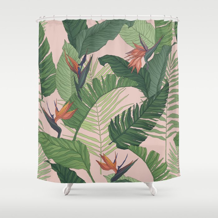 Lovely tropical leaves hand drawn illustration pattern pink background Shower Curtain