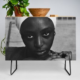 African American candid female form woman in turban black and white photograph / black and white photography Credenza