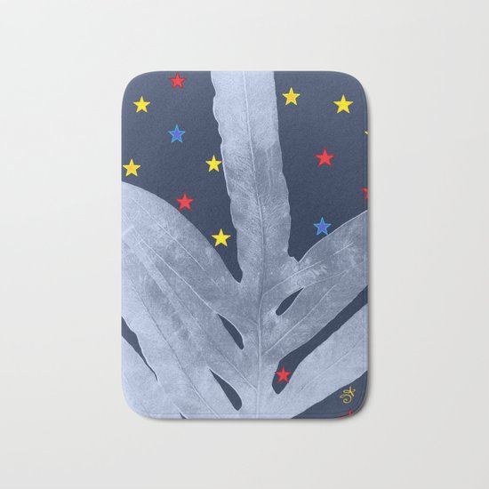 Green Fern Silver Blue with Starry Night, Stars Bath Mat