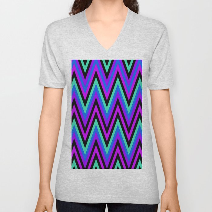 Chevron Design In Purple Blue Aqua Zigzags V Neck T Shirt
