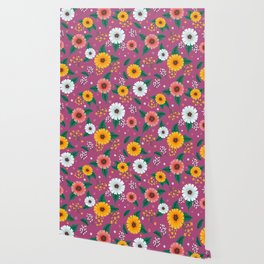 Colorful Spring Flowers Pattern in Magenta Background Wallpaper