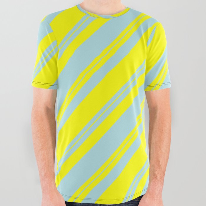 Powder Blue and Yellow Colored Lined Pattern All Over Graphic Tee