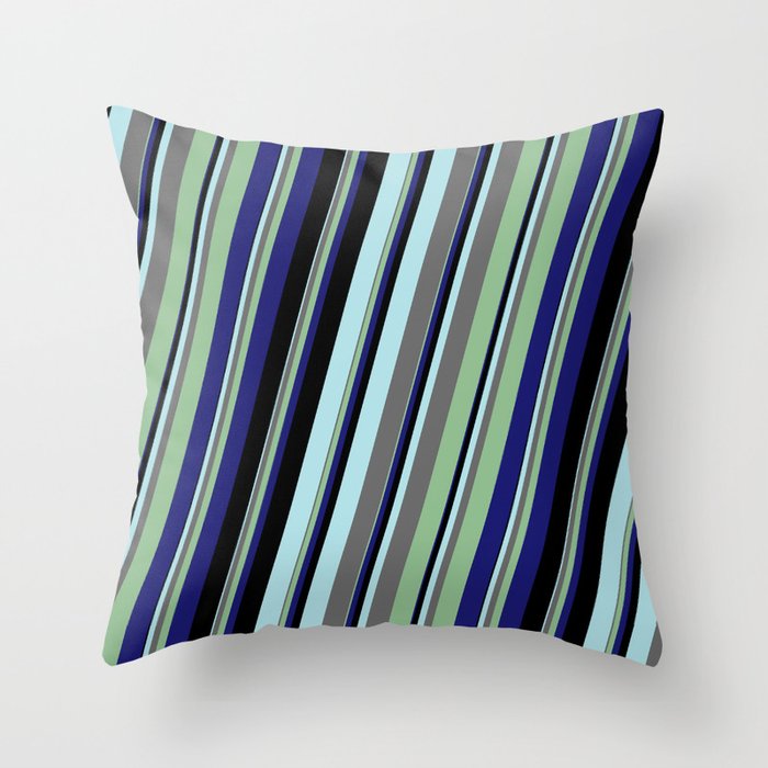 Powder Blue, Dim Gray, Dark Sea Green, Midnight Blue, and Black Colored Lines/Stripes Pattern Throw Pillow