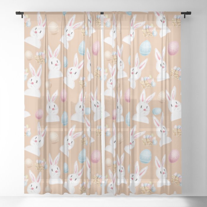 Easter Bunny And Eggs Pattern- Beige  Sheer Curtain