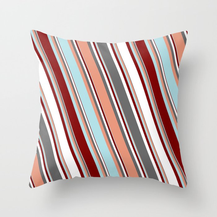 Colorful Dim Grey, Dark Salmon, Powder Blue, Maroon & White Colored Pattern of Stripes Throw Pillow