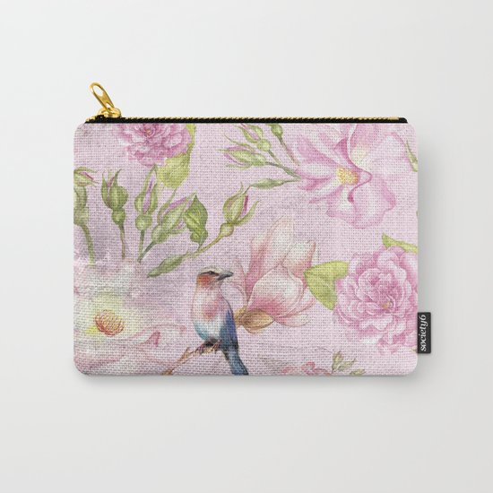 Floral painterly background in pink with Roses Flowers and Birds Carry-All Pouch