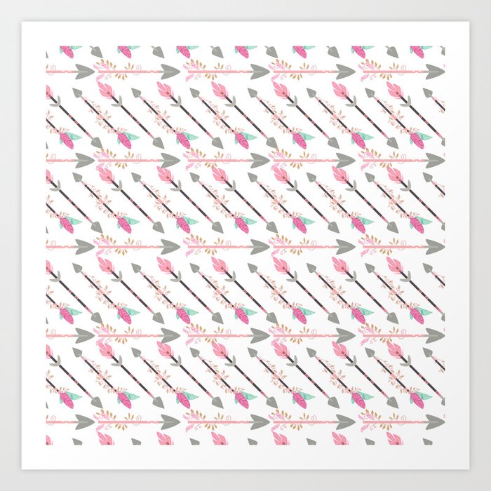 Bohemian pastel pink gray floral arrows pattern Art Print