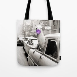 Hubba Bubba Purple Bubble Gum Llama taking a New York Taxi cab black and white photograph Tote Bag