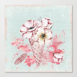 Pink & Teal Summer Fun Flower Ice Cream Waffle -Illustration Canvas Print