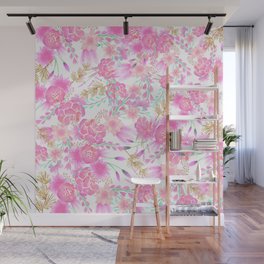 Girly pink teal gold white watercolor floral Wall Mural