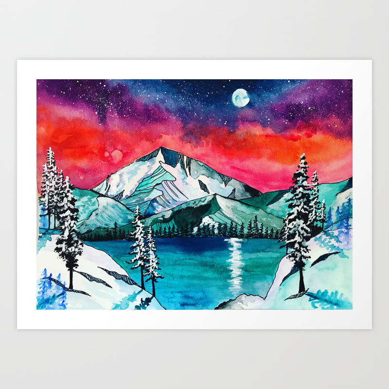 Trillium Lake Oregon Galaxy Mountain Watercolor Art Print By
