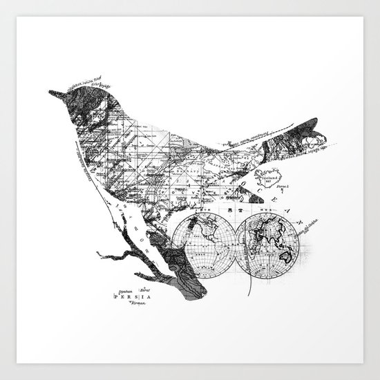 Bird Wanderlust Black and White Art Print