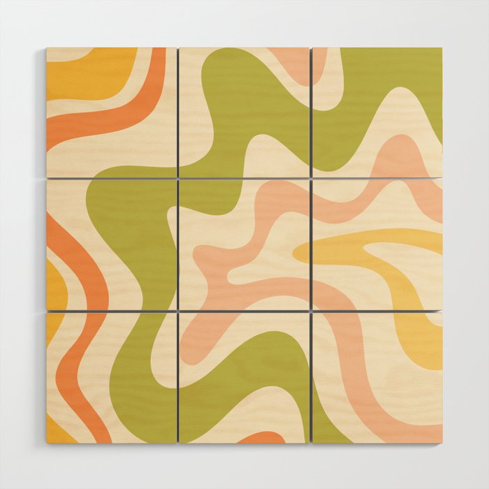 Retro Liquid Swirl Abstract Pattern Square in Light Green Cream Yellow Orange Blush  Wood Wall Art