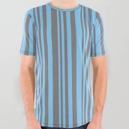 [ Thumbnail: Light Sky Blue and Gray Colored Stripes Pattern All Over Graphic Tee ]