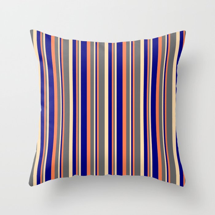 Coral, Dim Gray, Tan & Blue Colored Pattern of Stripes Throw Pillow