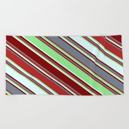 [ Thumbnail: Eyecatching Light Green, Light Cyan, Maroon, Slate Gray, and Red Colored Lines Pattern Beach Towel ]