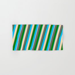 [ Thumbnail: Green, Deep Sky Blue, Tan, and Dim Grey Colored Striped/Lined Pattern Hand & Bath Towel ]