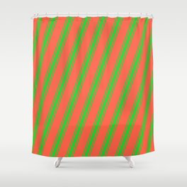 [ Thumbnail: Red and Lime Green Colored Striped Pattern Shower Curtain ]