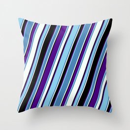 [ Thumbnail: Colorful Indigo, Sky Blue, Blue, Mint Cream, and Black Colored Lines Pattern Throw Pillow ]