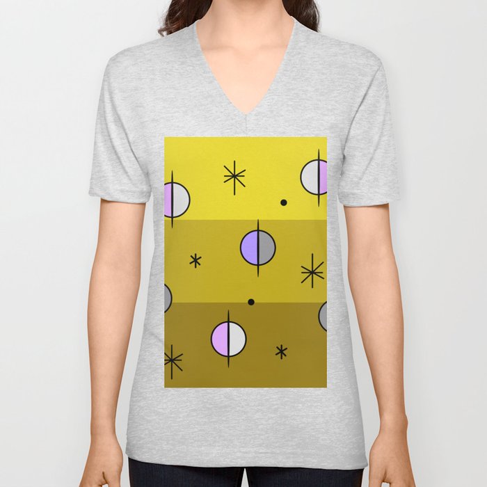 Retro Space Age Planets Stars Yellow V Neck T Shirt