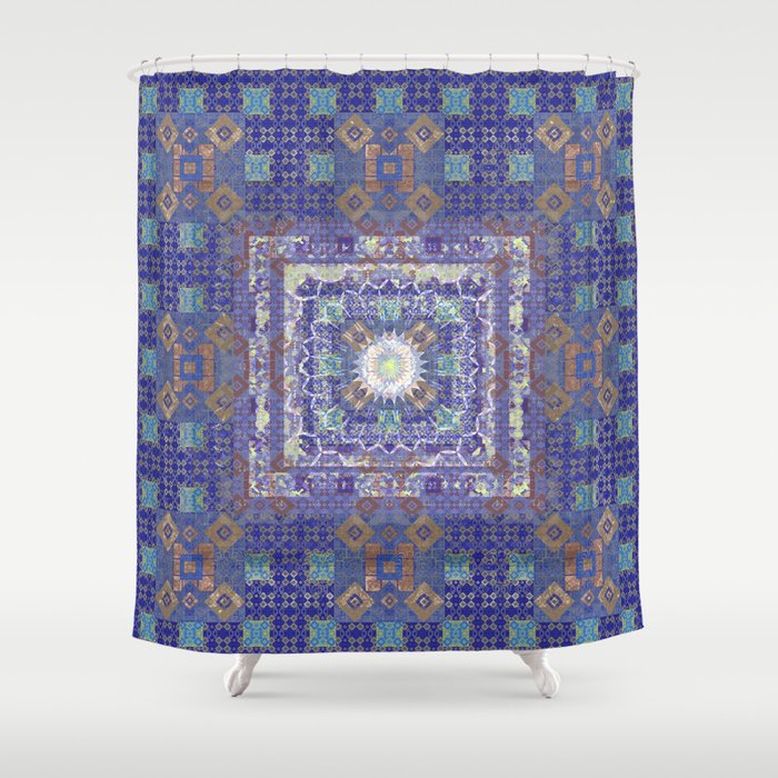 Antiqued Indigo Fractal Boho Quilt Print Shower Curtain