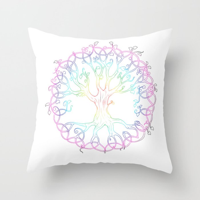 Rainbow Tree of Life - hand designed tattoo style Tree of Life Throw Pillow