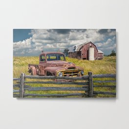 Pickup Truck behind wooden fence in a Rural Landscape Metal Print | Classic, Farm, Rusted, Abandoned, Landscape, Rural, Corroded, Vehicle, Woodfence, Nostalgia 