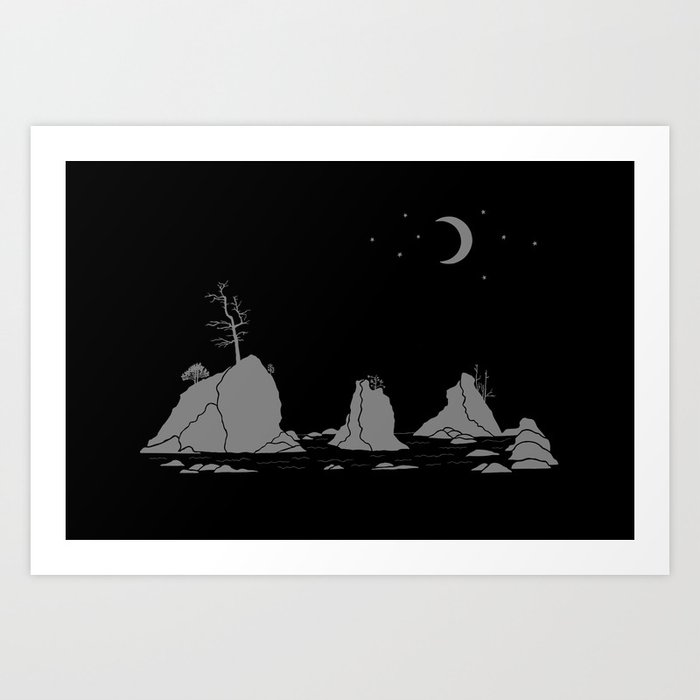 Moon Over Three Graces Grey on Black Art Print