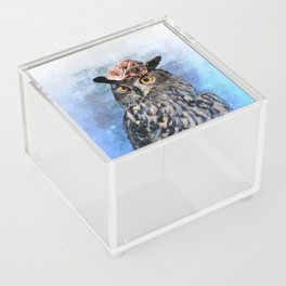 Painting of cute owl with flowers on his head (blue background) - nature Acrylic Box