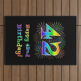 [ Thumbnail: 42nd Birthday - Fun Rainbow Spectrum Gradient Pattern Text, Bursting Fireworks Inspired Background Outdoor Rug ]