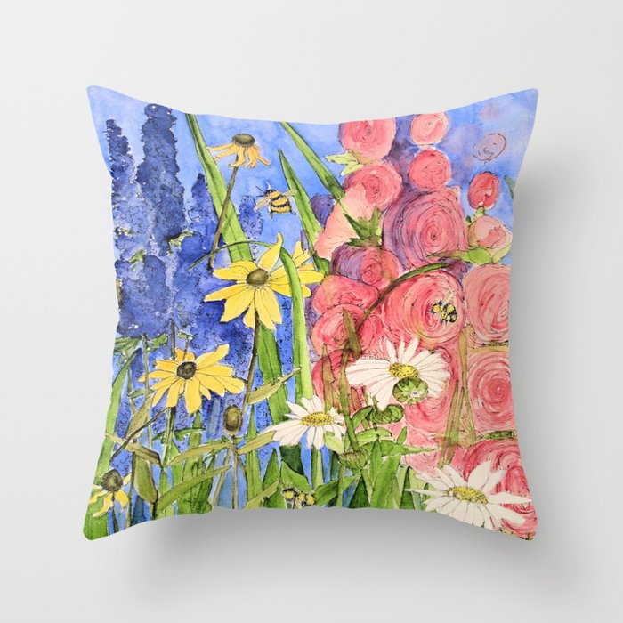 Cottage Garden Delphinium and Hollyhocks Watercolor Throw Pillow