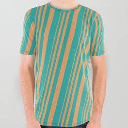 [ Thumbnail: Brown & Light Sea Green Colored Lines/Stripes Pattern All Over Graphic Tee ]