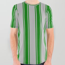[ Thumbnail: Grey and Green Colored Stripes Pattern All Over Graphic Tee ]